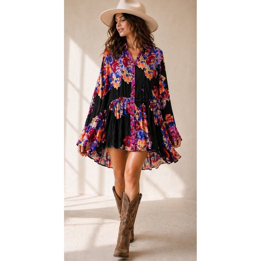 Free People Floral Boho Tunic Blouse M Flowy Oversized Viscose Top